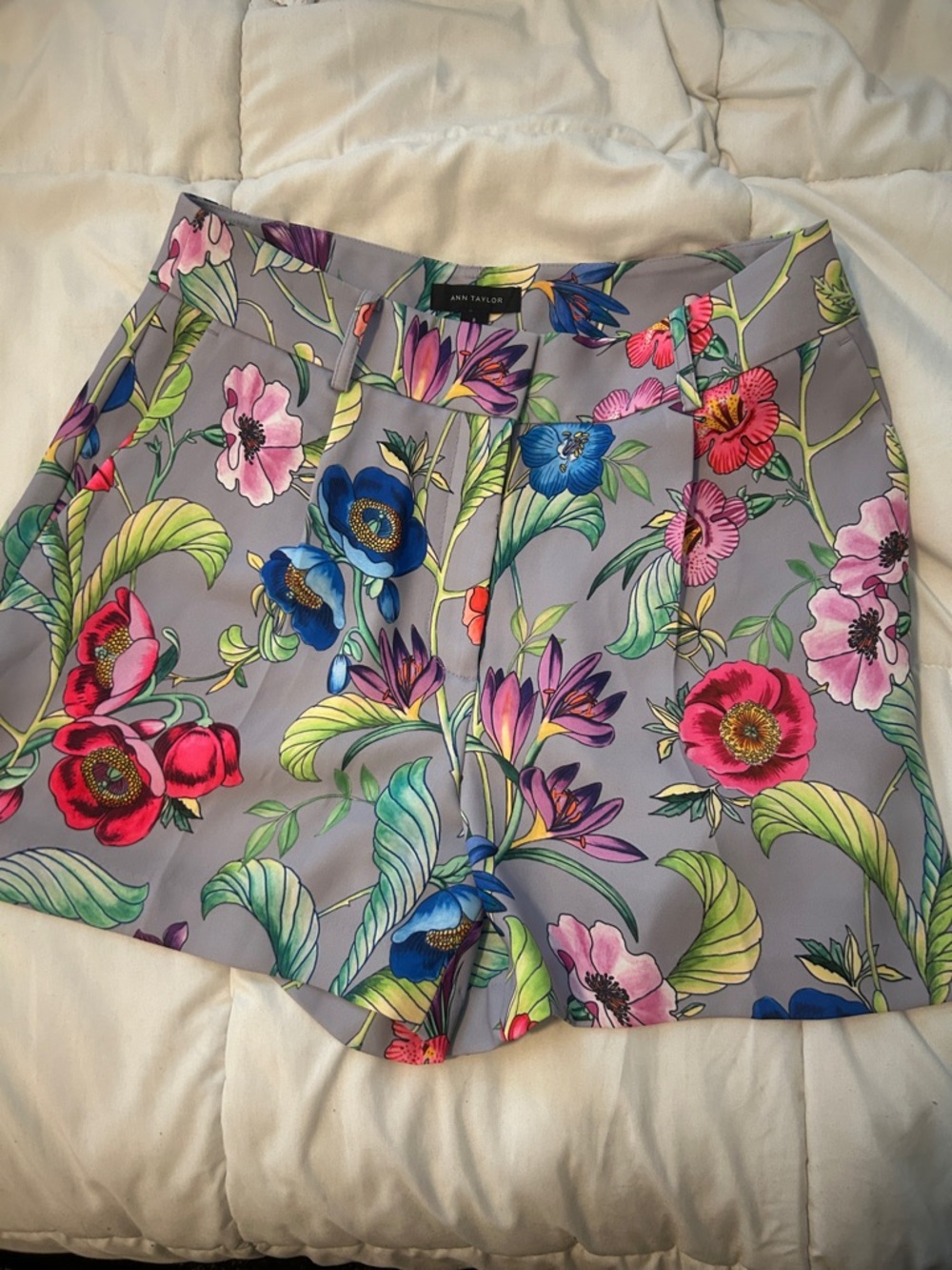 Ann Taylor Lavender Floral Satin Shorts with Multicolor Blooms